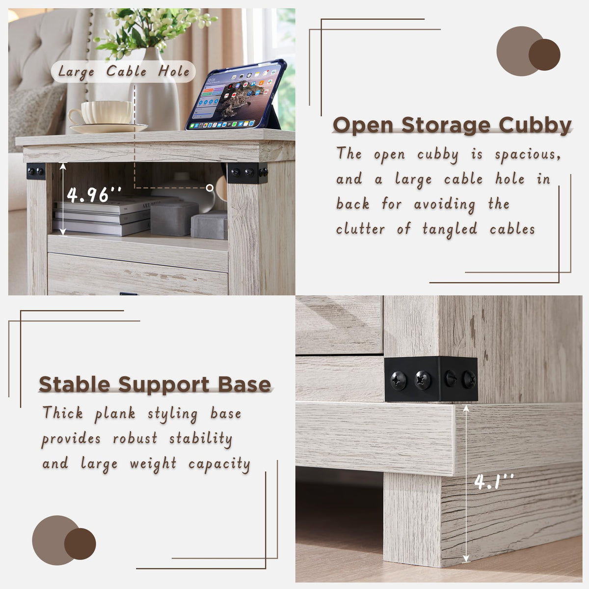18" Farmhouse Nightstand with Charging Station H693