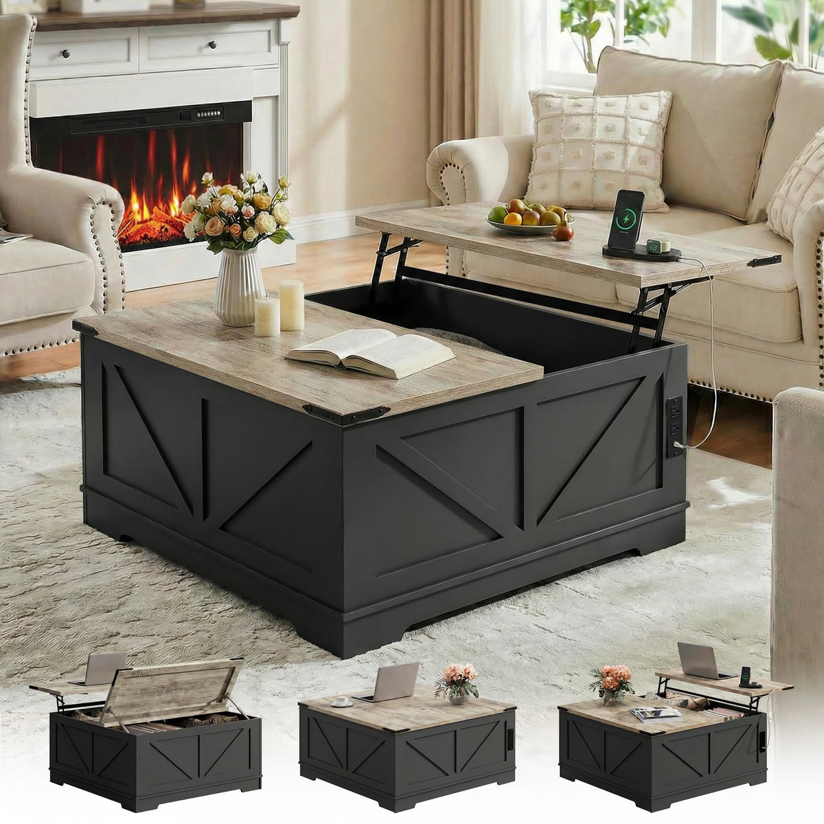Black Lift Top Wood Coffee Table with Storage L1795