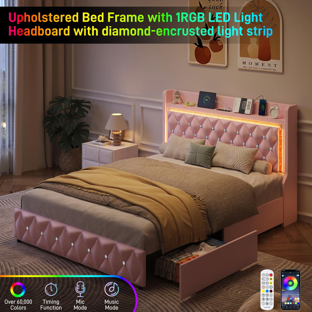 Pink Upholstered Full Size Bed Frame with Storage Headboard and 2 Drawers Y8691