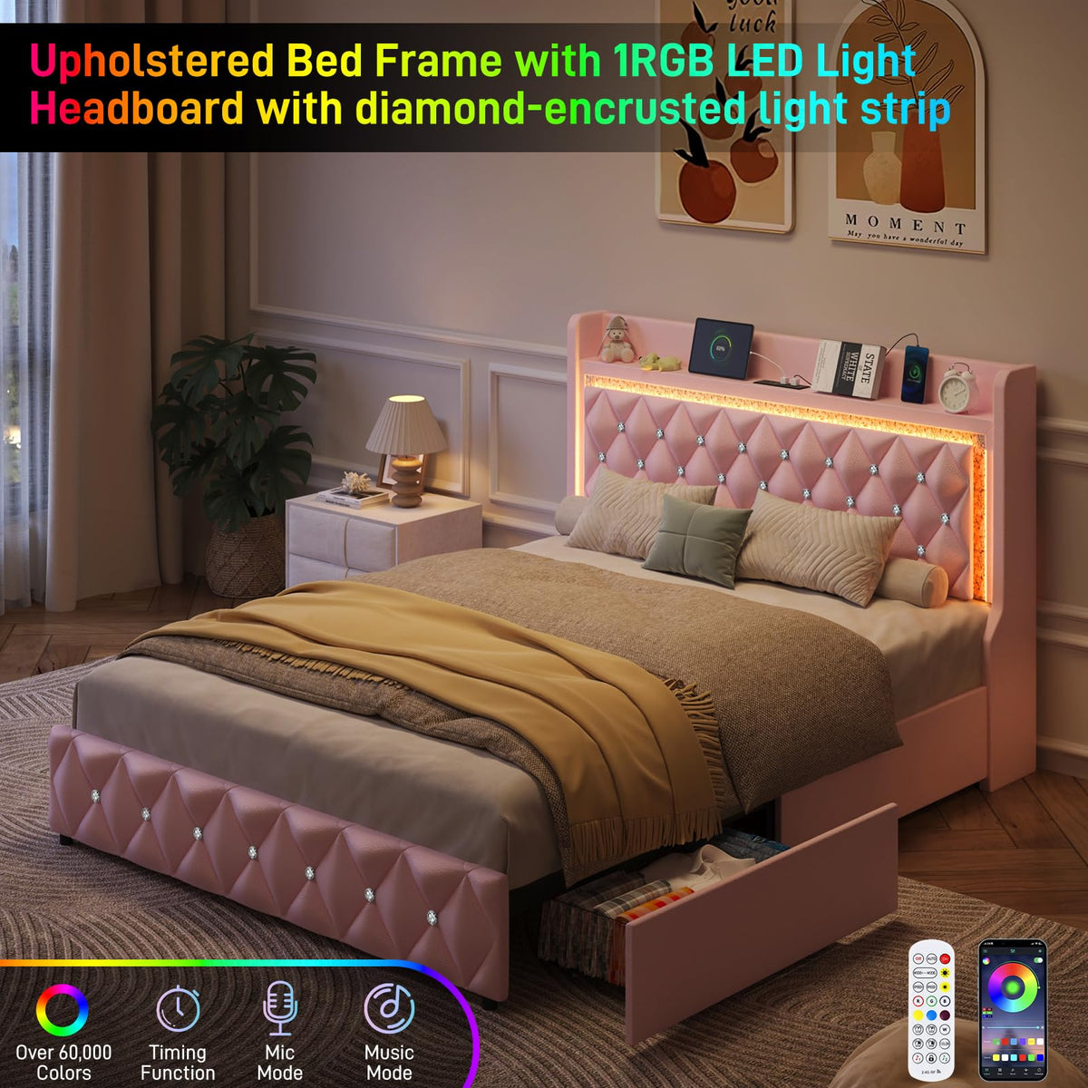 Pink Upholstered Full Size Bed Frame with Storage Headboard and 2 Drawers Y8691
