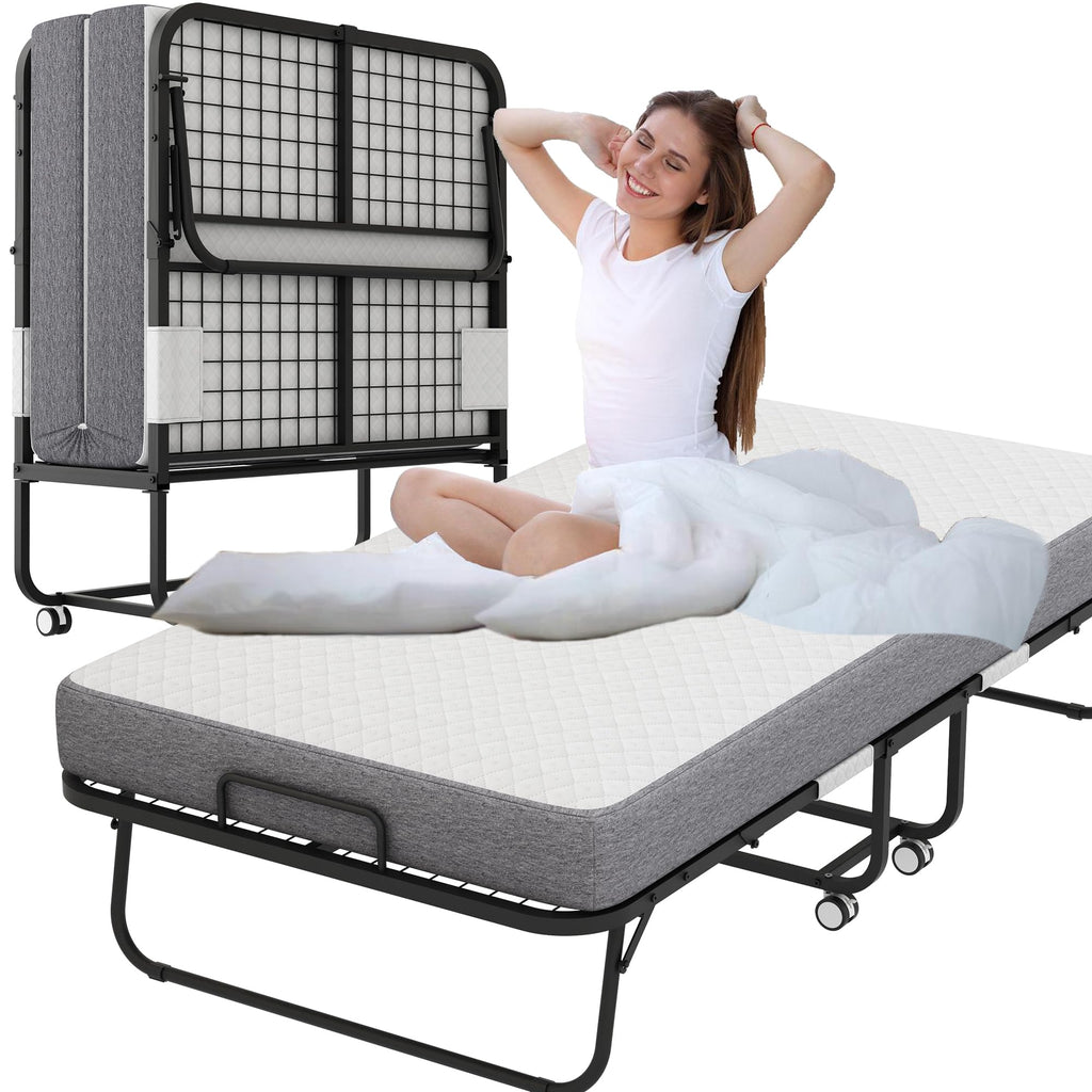Folding Bed with 5" Memory Foam Mattress Twin Size Metal Frame O703650