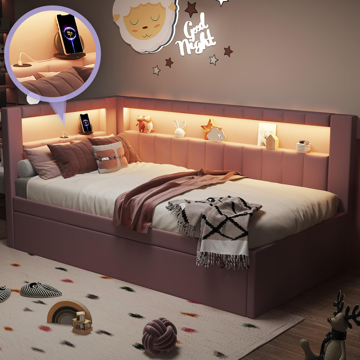 Twin Size Upholstered Platform Bed with Trundle and USB Ports, Pink M992