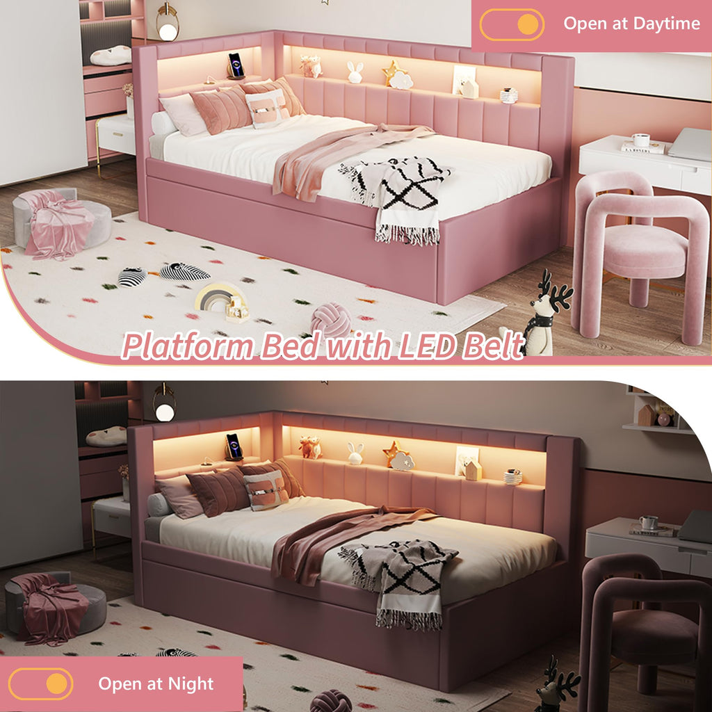 Twin Size Upholstered Platform Bed with Trundle and USB Ports, Pink M992