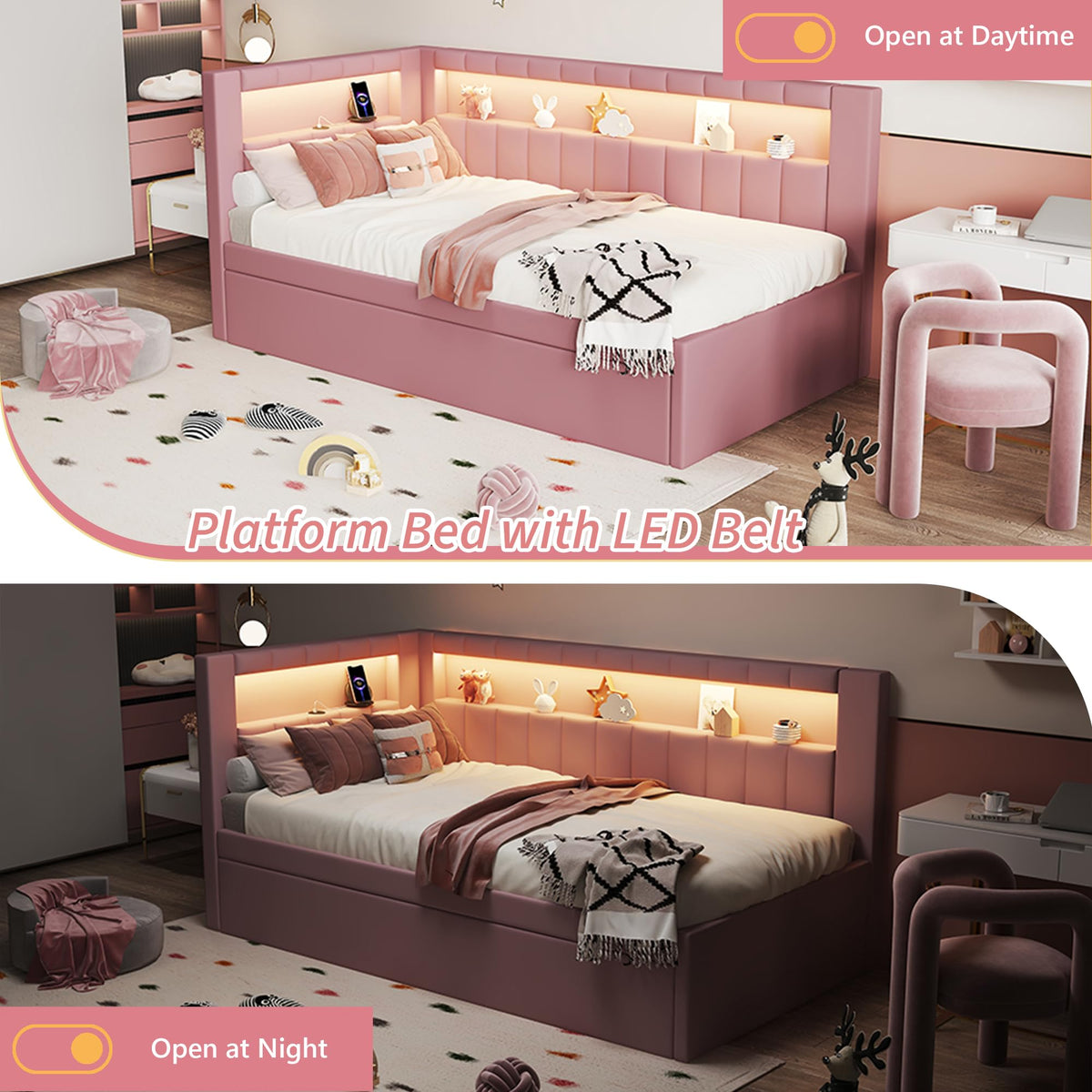 Twin Size Upholstered Platform Bed with Trundle and USB Ports, Pink M992