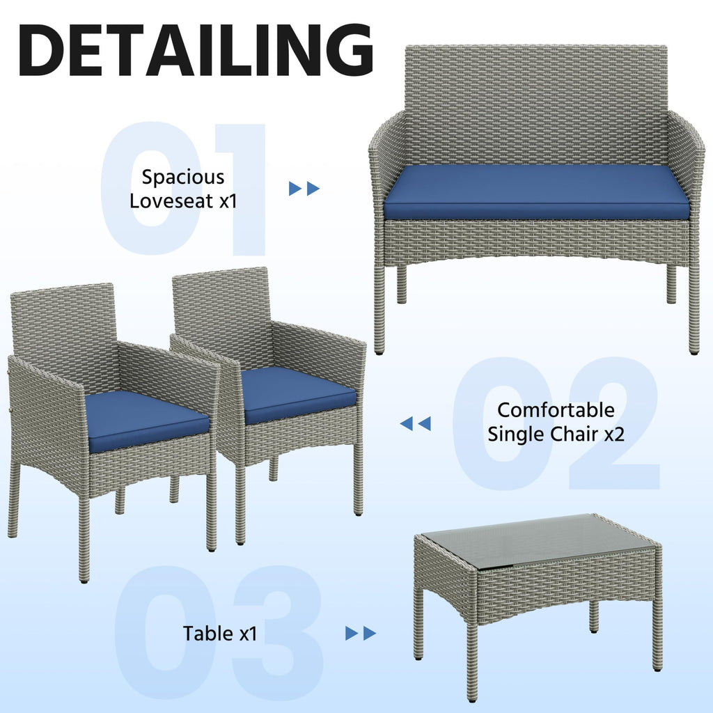 4 Pieces Rattan Wicker Patio Furniture Set with Cushion and Glass Table T45568