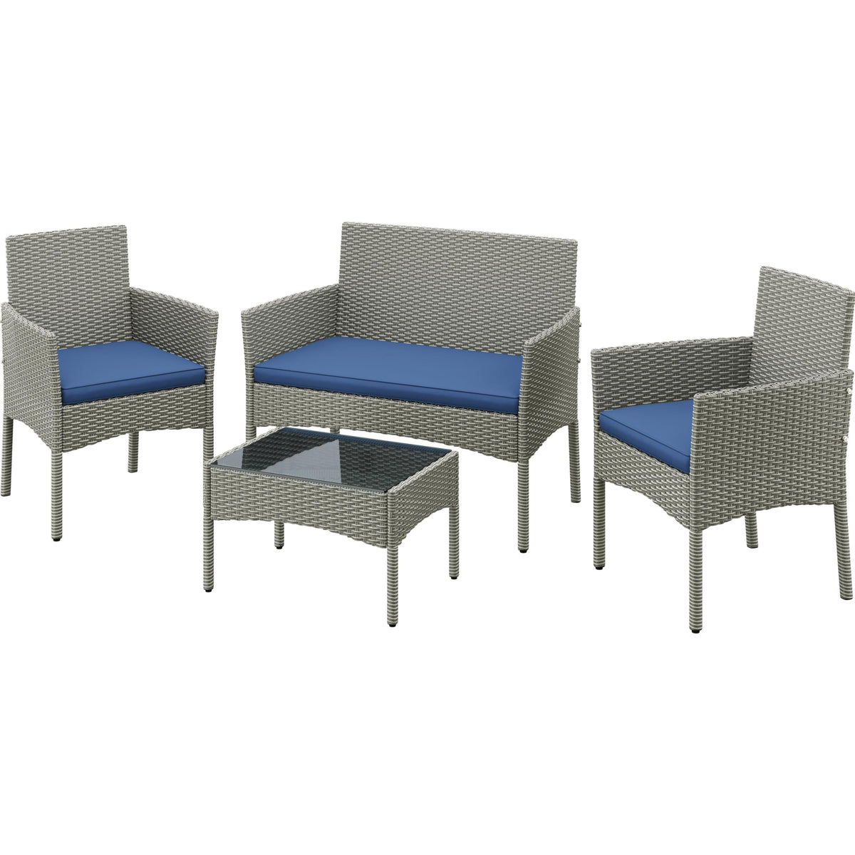 4 Pieces Rattan Wicker Patio Furniture Set with Cushion and Glass Table T45568
