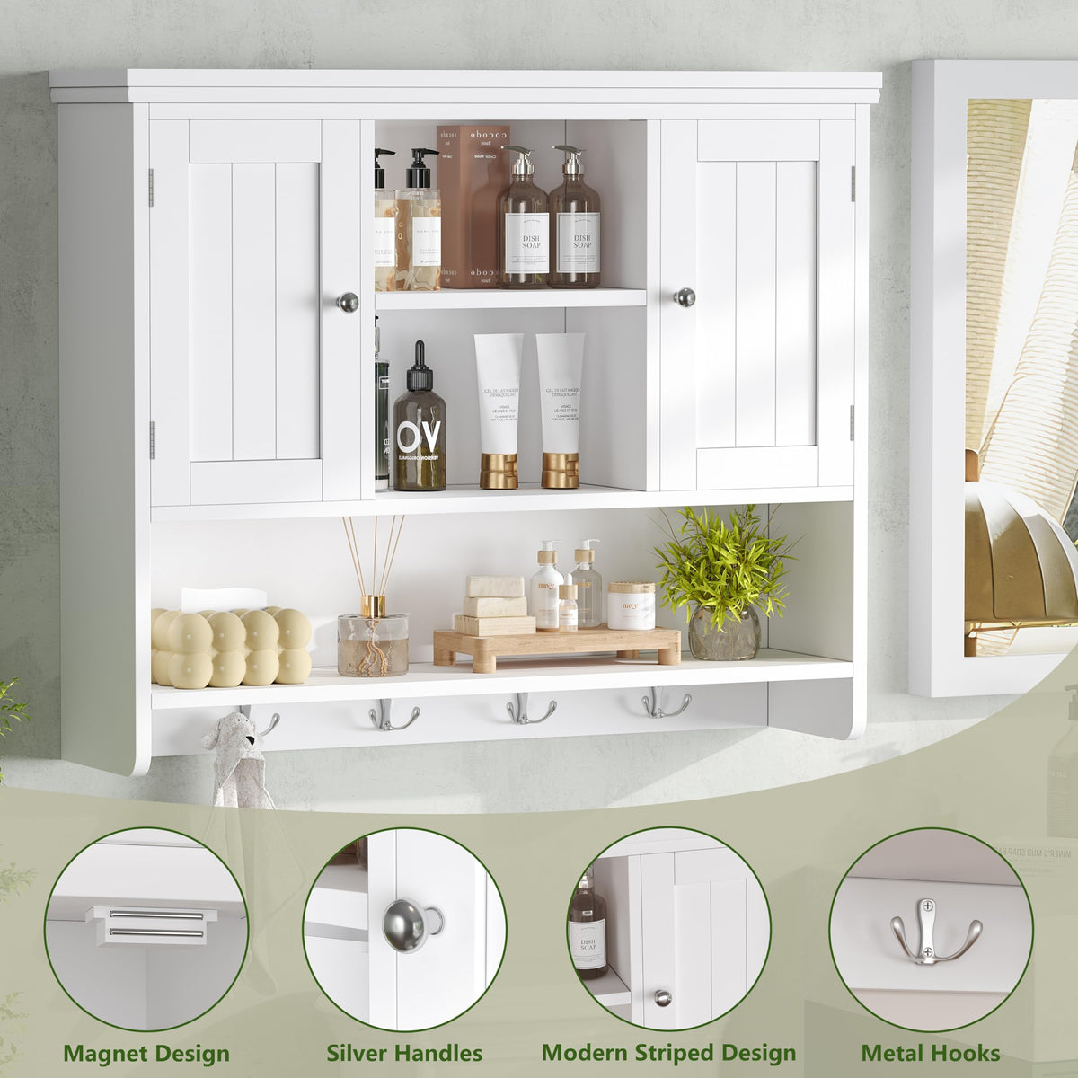 31.5"W 3-Tier Wall Mounted Bathroom Cabinet with Hooks R466407