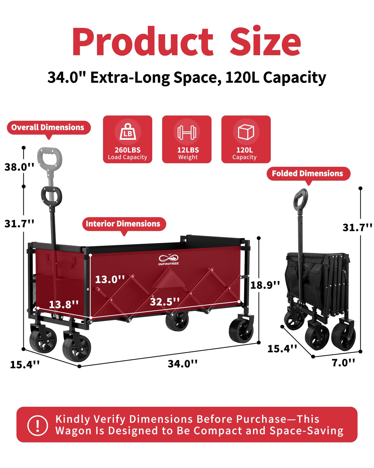 34" Extra Long Foldable Wagon with All-Terrain Wheels, 260 LBS Capacity Black Y40473