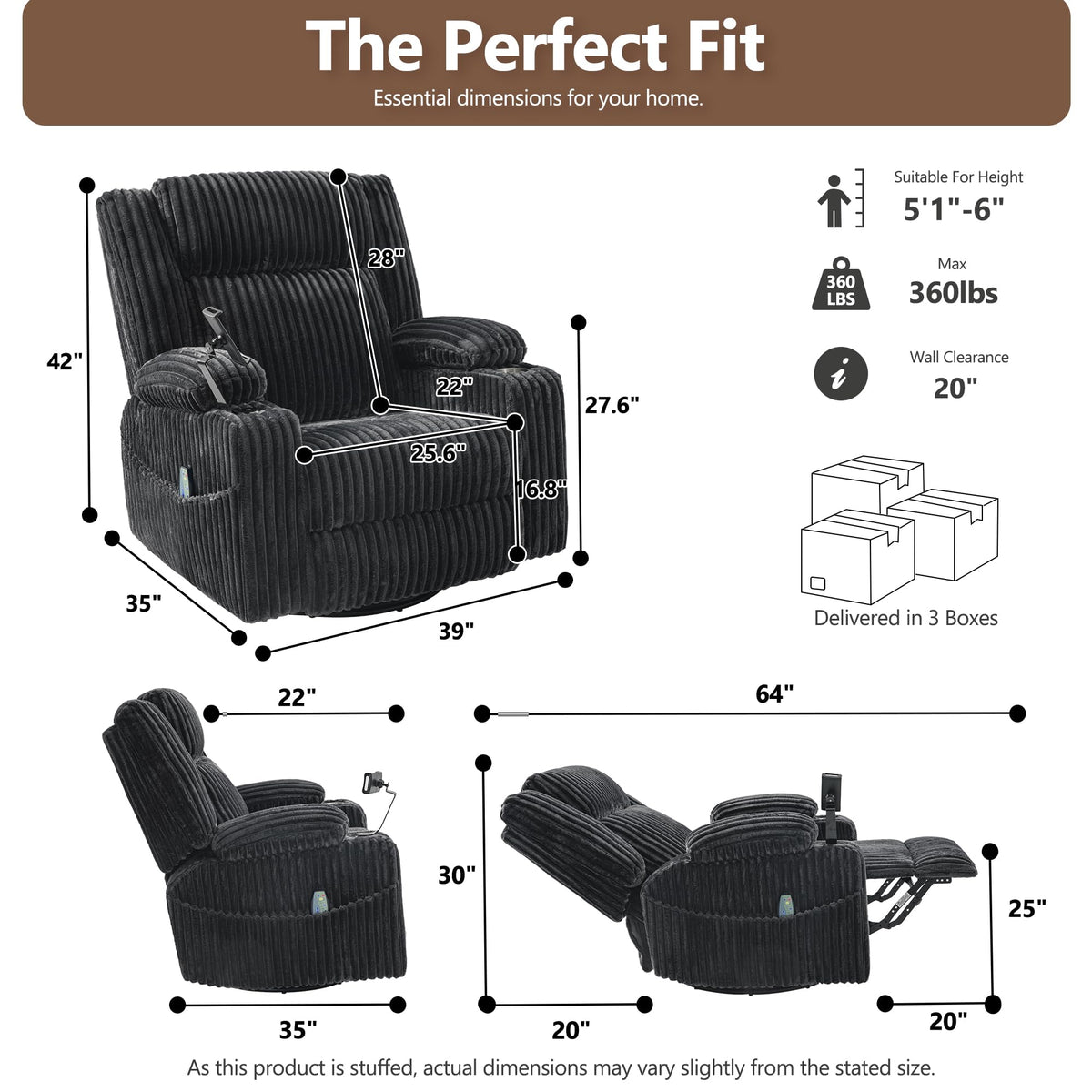 Oversized Power Swivel Rocker Recliner Chair with Vibration Massage & Heat, Dark Gray Corduroy U184
