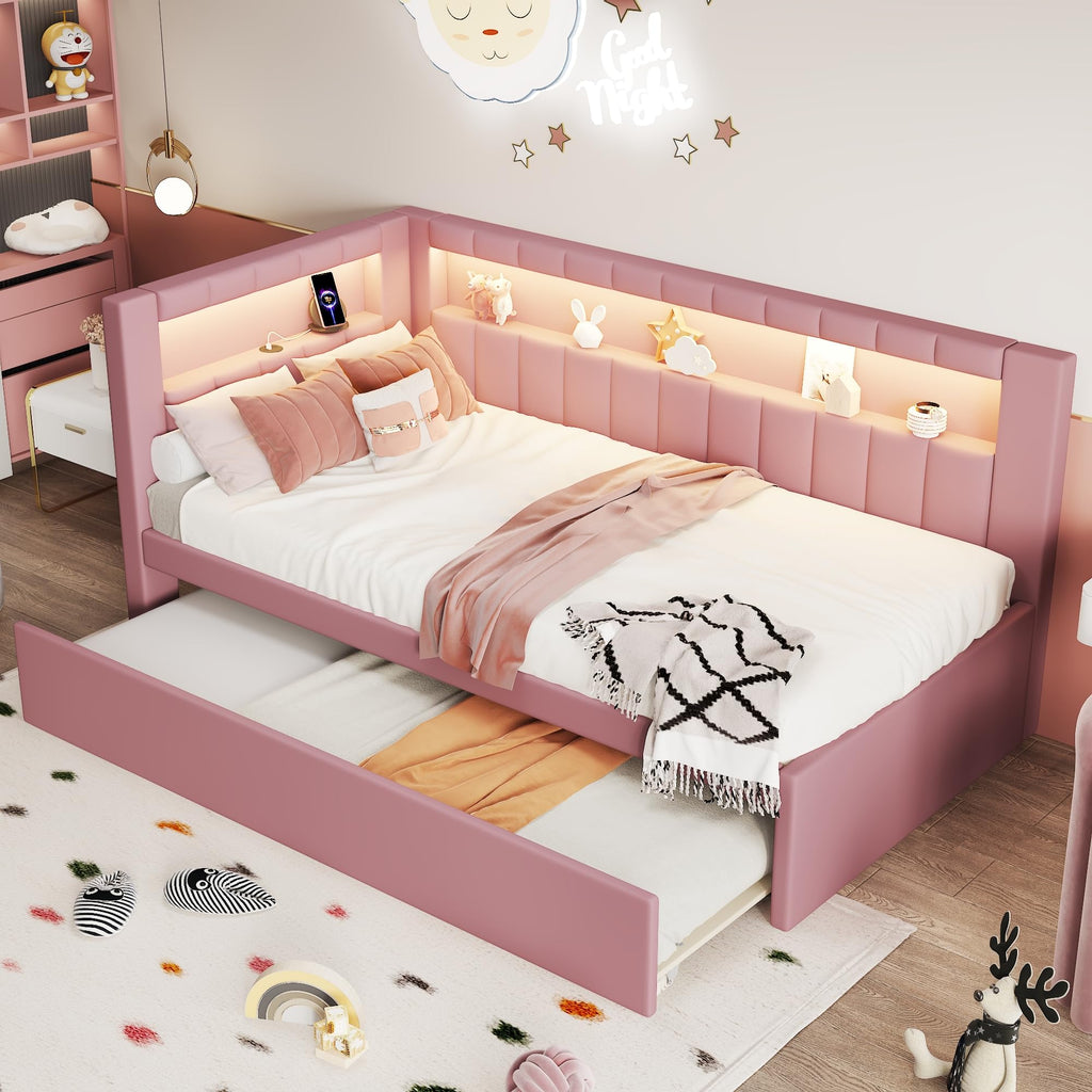 Twin Size Upholstered Platform Bed with Trundle and USB Ports, Pink M992