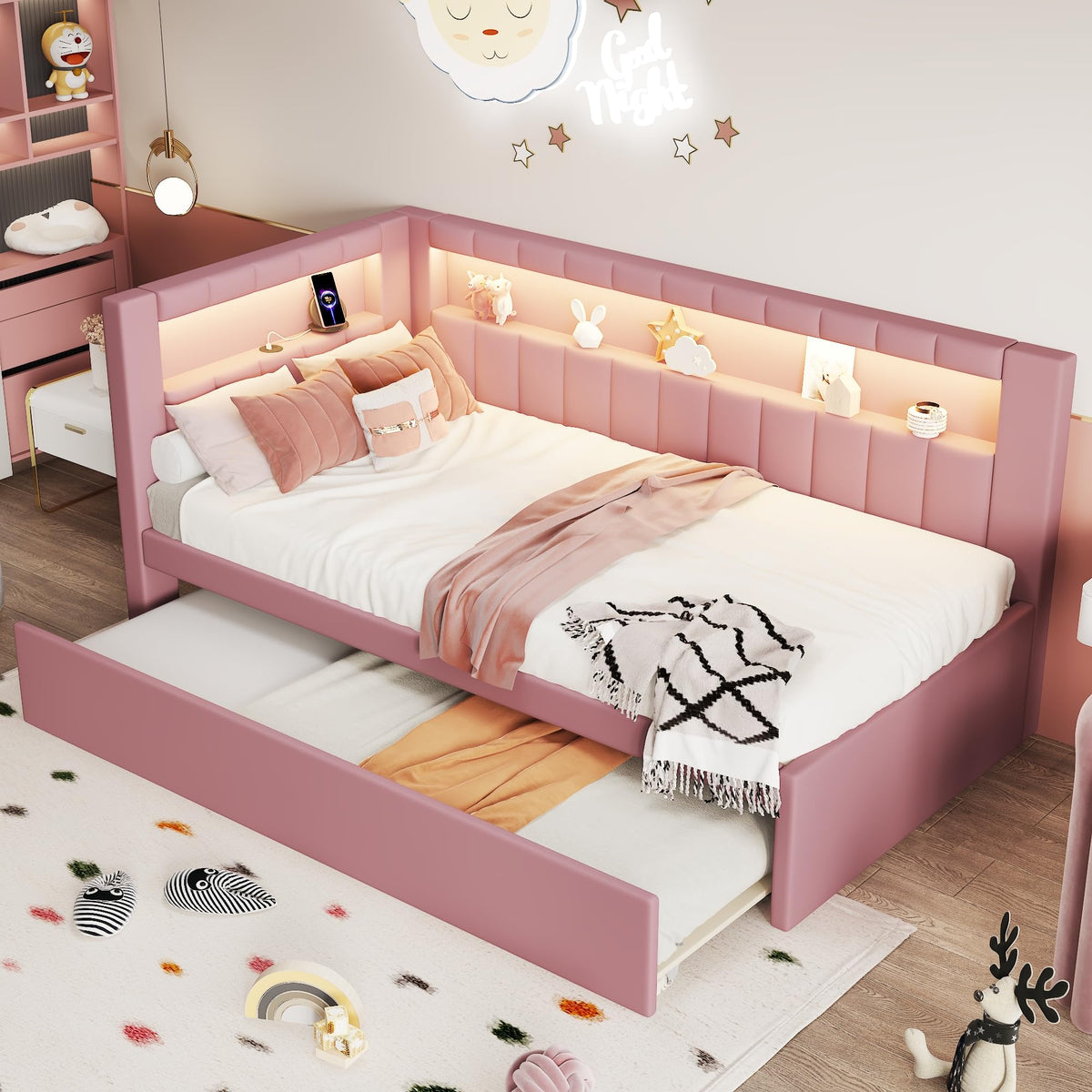 Twin Size Upholstered Platform Bed with Trundle and USB Ports, Pink M992