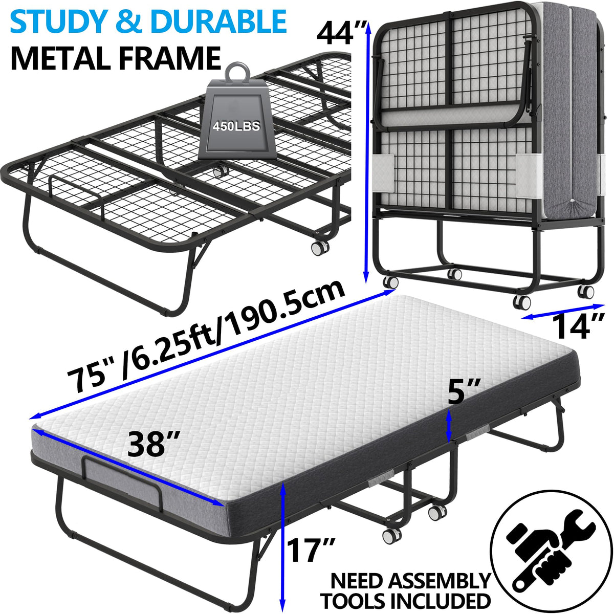 Folding Bed with 5" Memory Foam Mattress Twin Size Metal Frame O703650