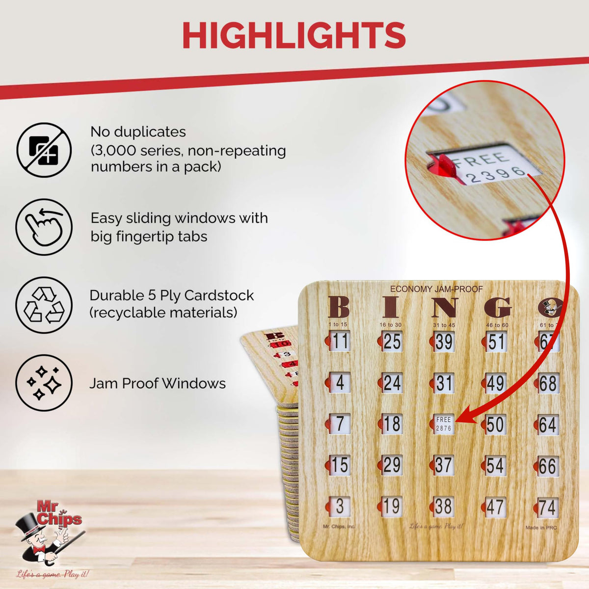 Bingo Cards with Sliding Windows 100 Pack B3161
