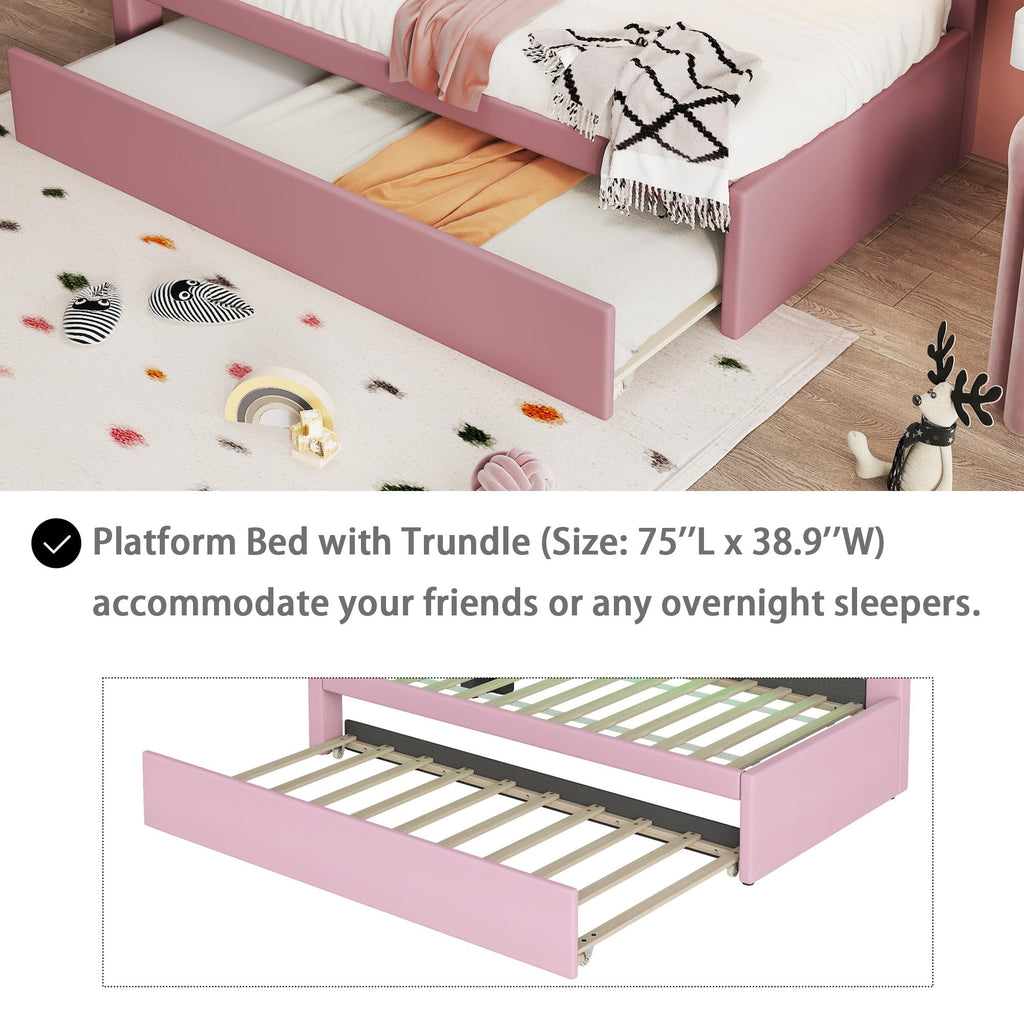 Twin Size Upholstered Platform Bed with Trundle and USB Ports, Pink M992