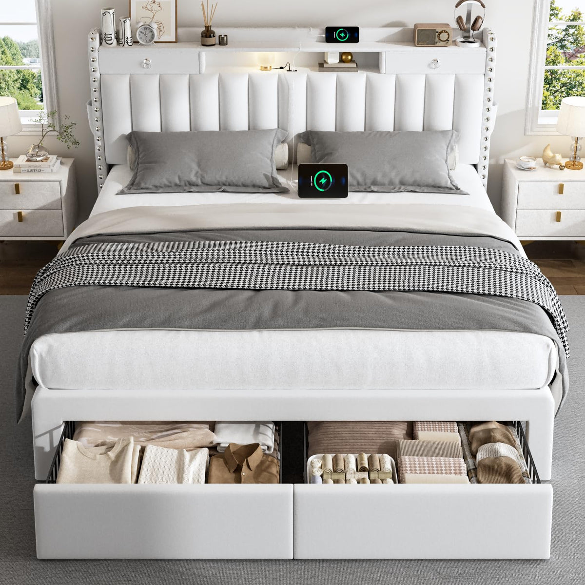Queen Bed Frame with Storage Headboard and 4 Drawers M6024