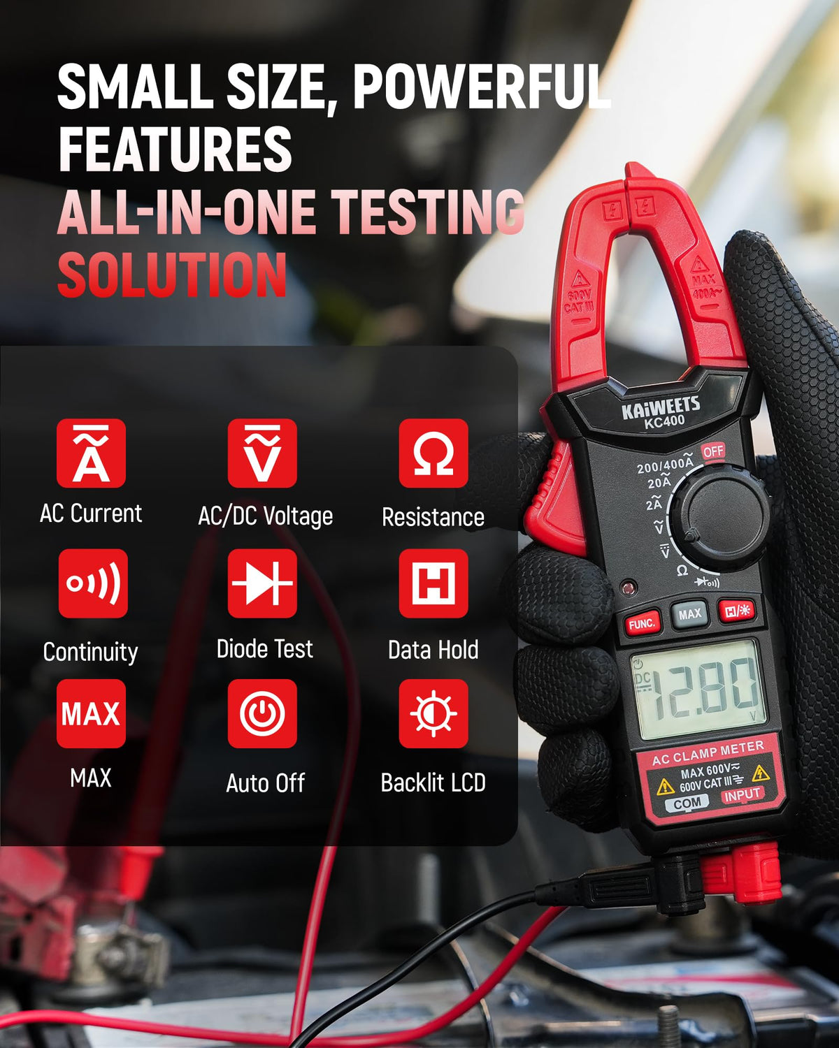 Digital Clamp Meter, 2000 Counts, 400A AC Current, 600V AC/DC, Auto Ranging I67990