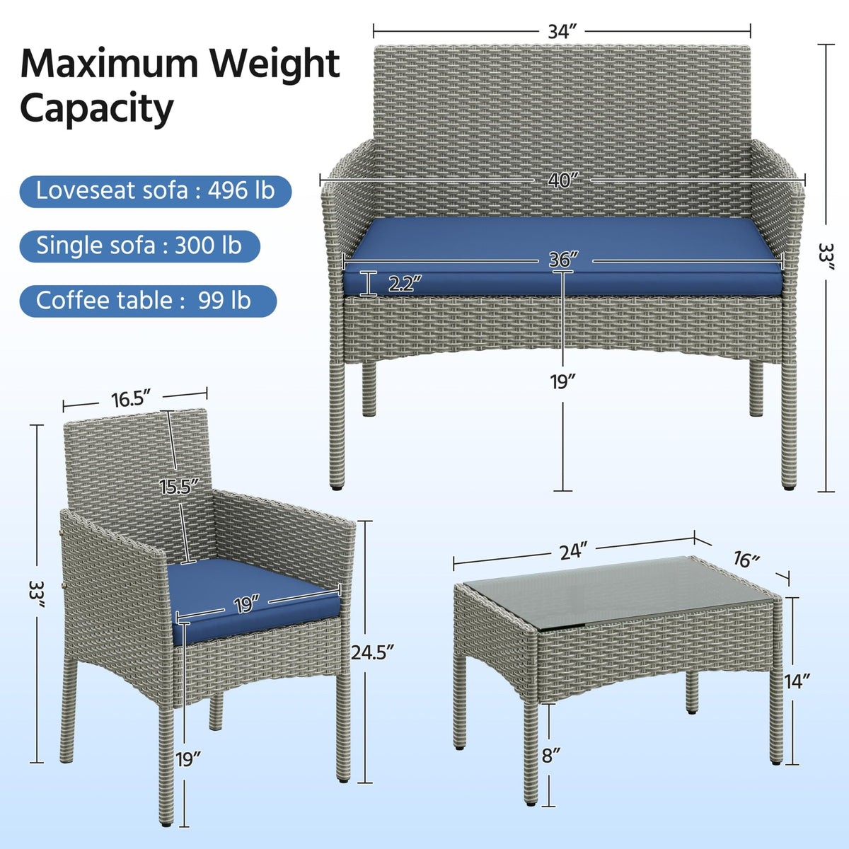 4 Pieces Rattan Wicker Patio Furniture Set with Cushion and Glass Table T45568
