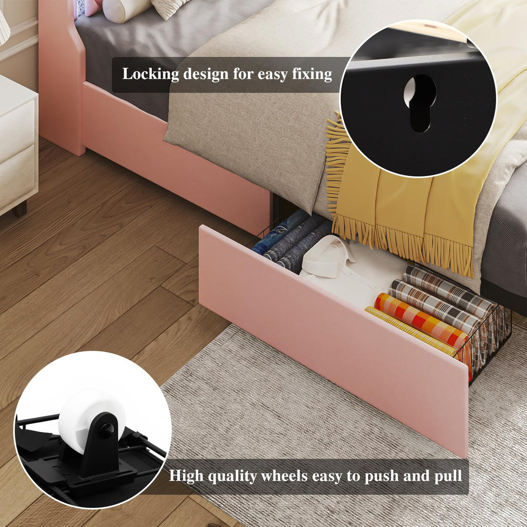 Pink Upholstered Full Size Bed Frame with Storage Headboard and 2 Drawers Y8691