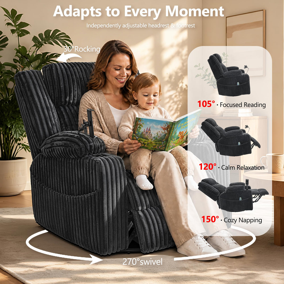 Oversized Power Swivel Rocker Recliner Chair with Vibration Massage & Heat, Dark Gray Corduroy U184