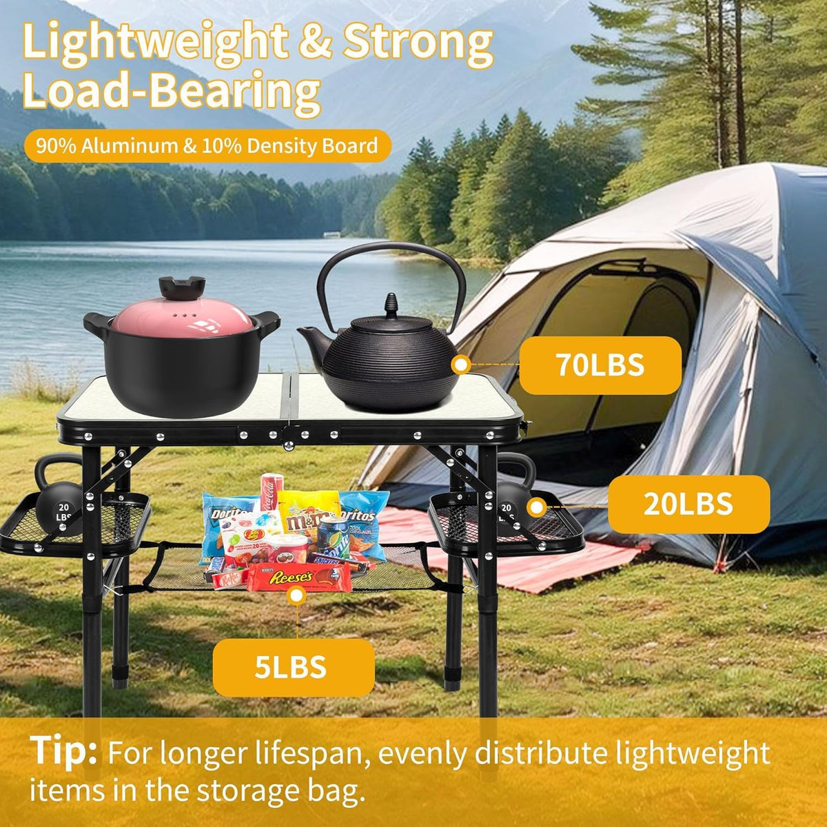 Folding Aluminum Camping Table 3-Height Adjustable with Carry Handle N499