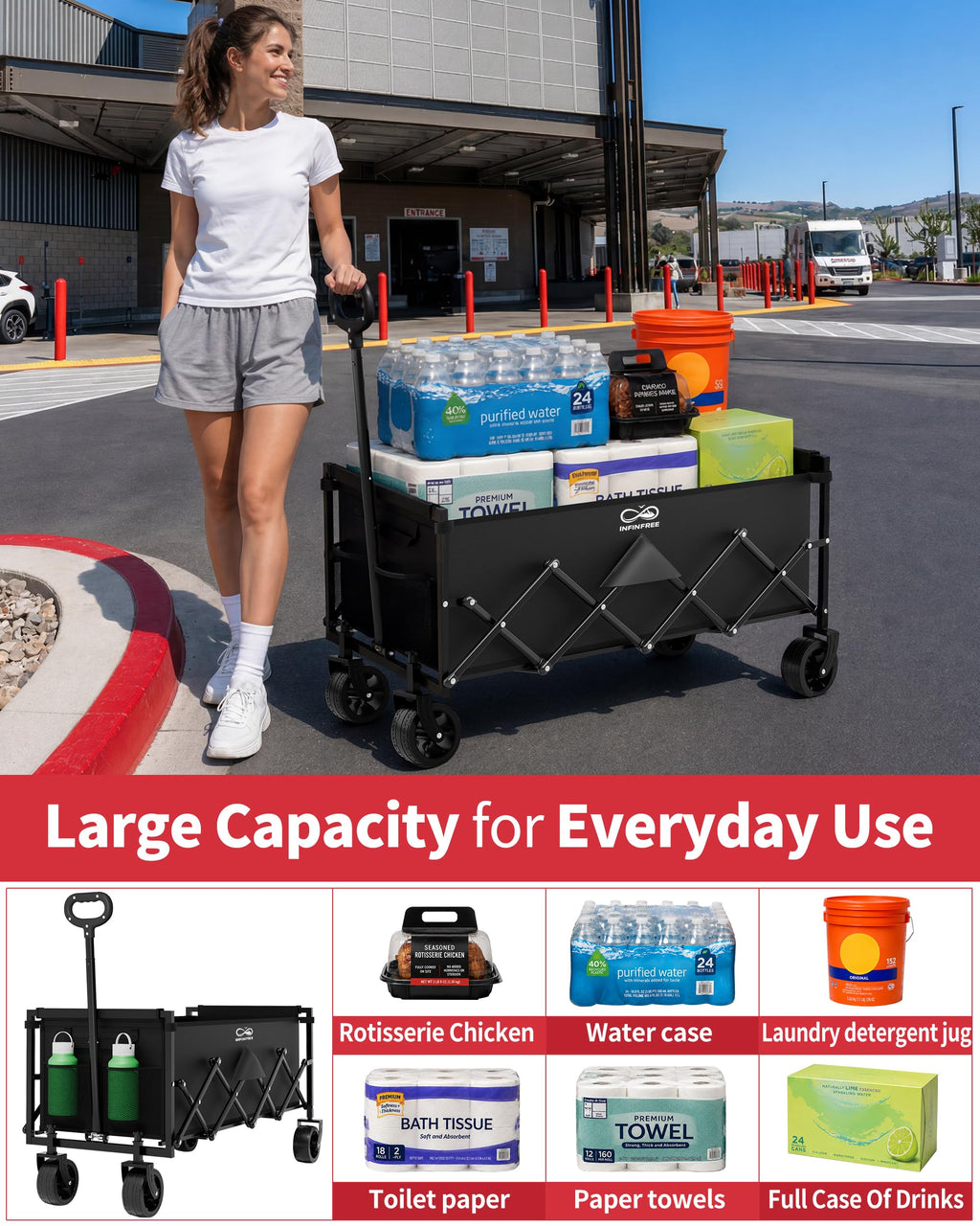 34" Extra Long Foldable Wagon with All-Terrain Wheels, 260 LBS Capacity Black Y40473