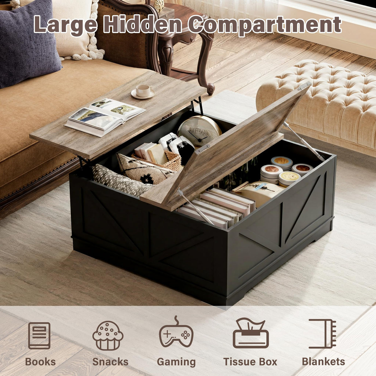 Black Lift Top Wood Coffee Table with Storage L1795