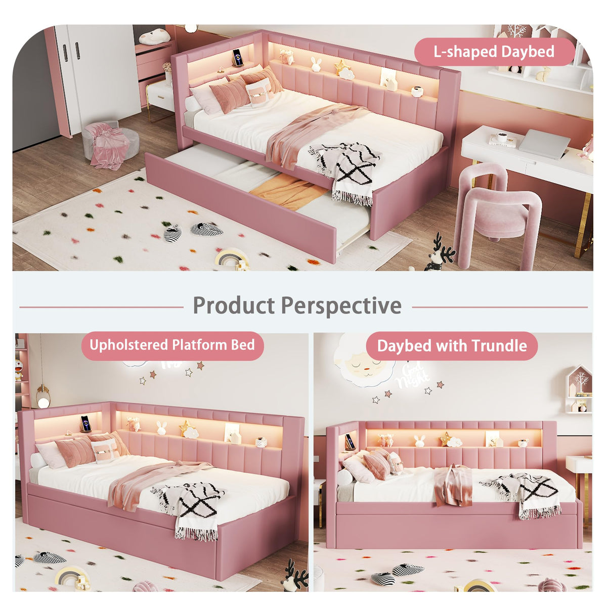 Twin Size Upholstered Platform Bed with Trundle and USB Ports, Pink M992