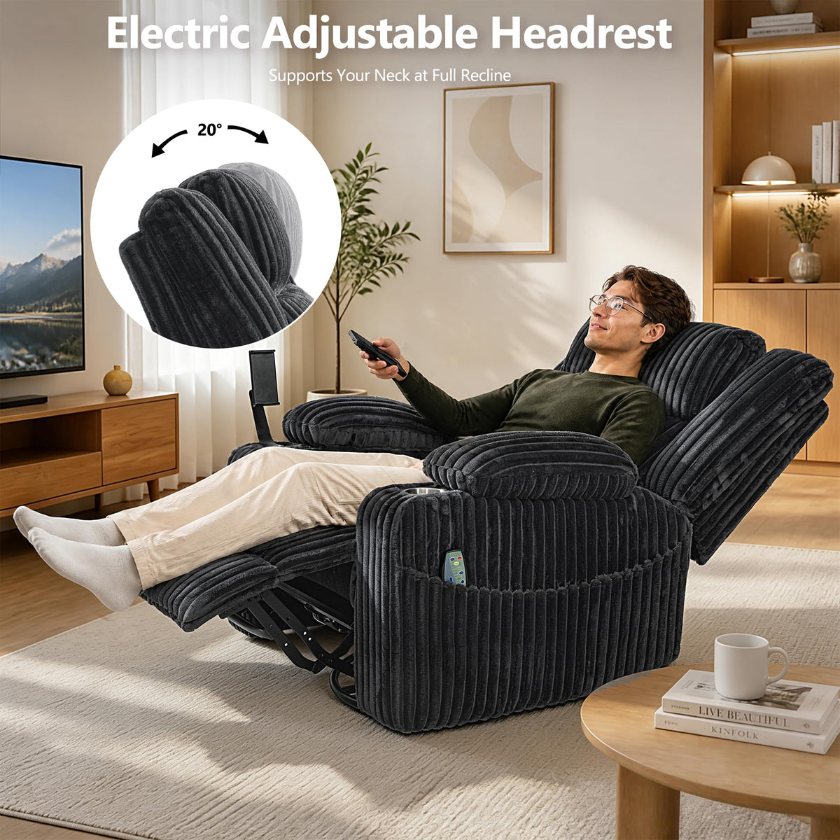Oversized Power Swivel Rocker Recliner Chair with Vibration Massage & Heat, Dark Gray Corduroy U184