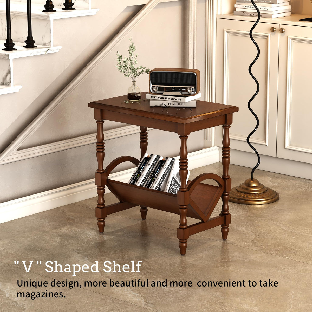 Wood End Table with Magazine Rack and Rubberwood Legs J3089