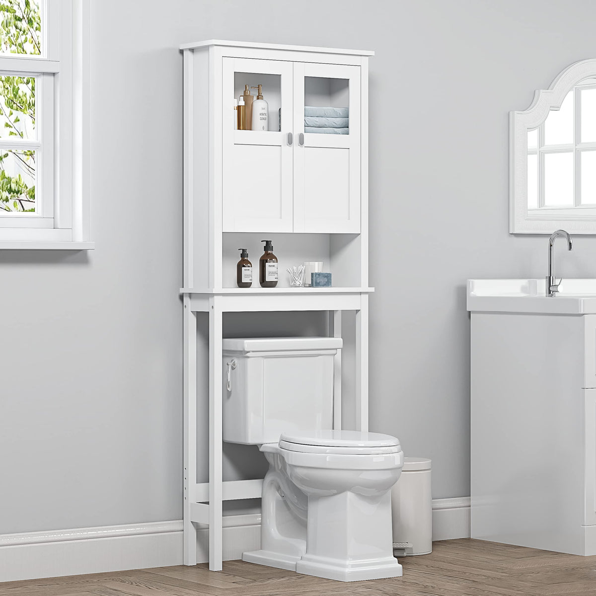White Over the Toilet Storage Cabinet with Glass Doors W1437