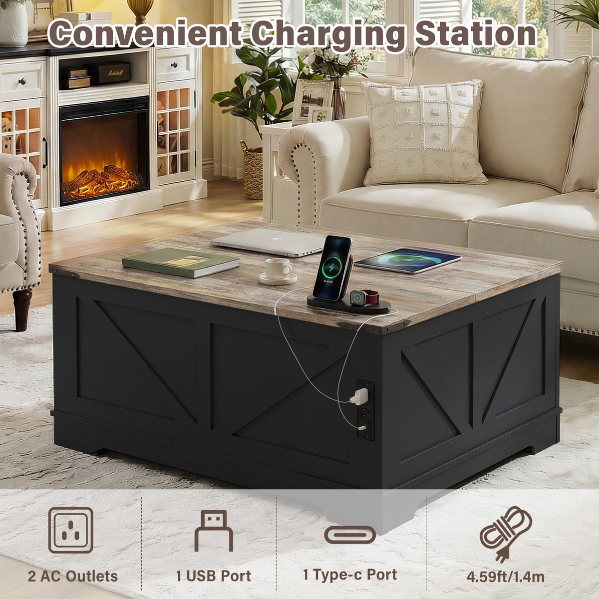 Black Lift Top Wood Coffee Table with Storage L1795