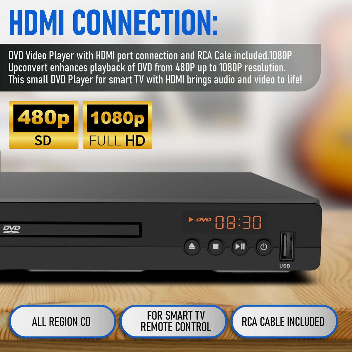 DVD Player with HDMI Port 1080P All Region USB Input Remote Control C478
