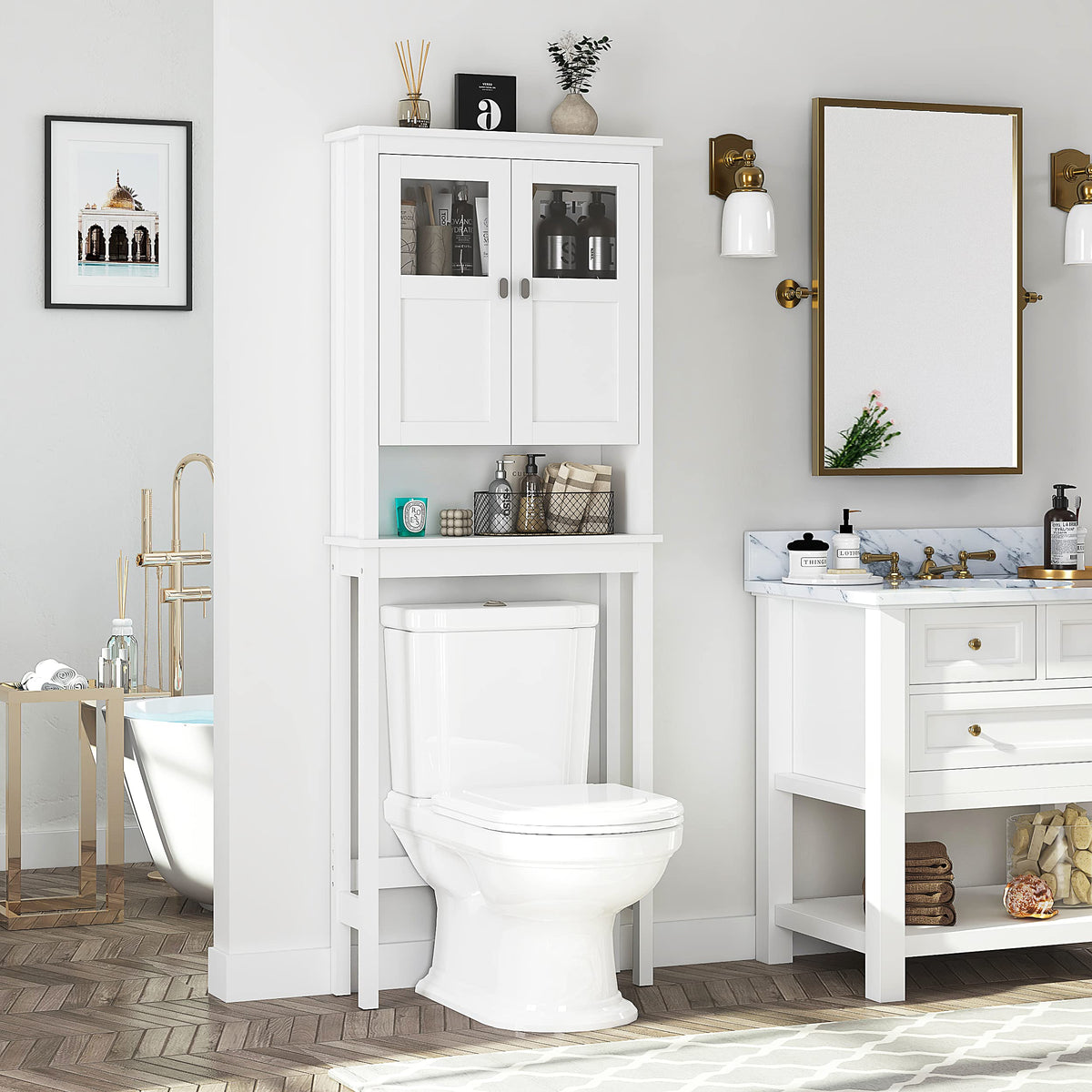 White Over the Toilet Storage Cabinet with Glass Doors W1437