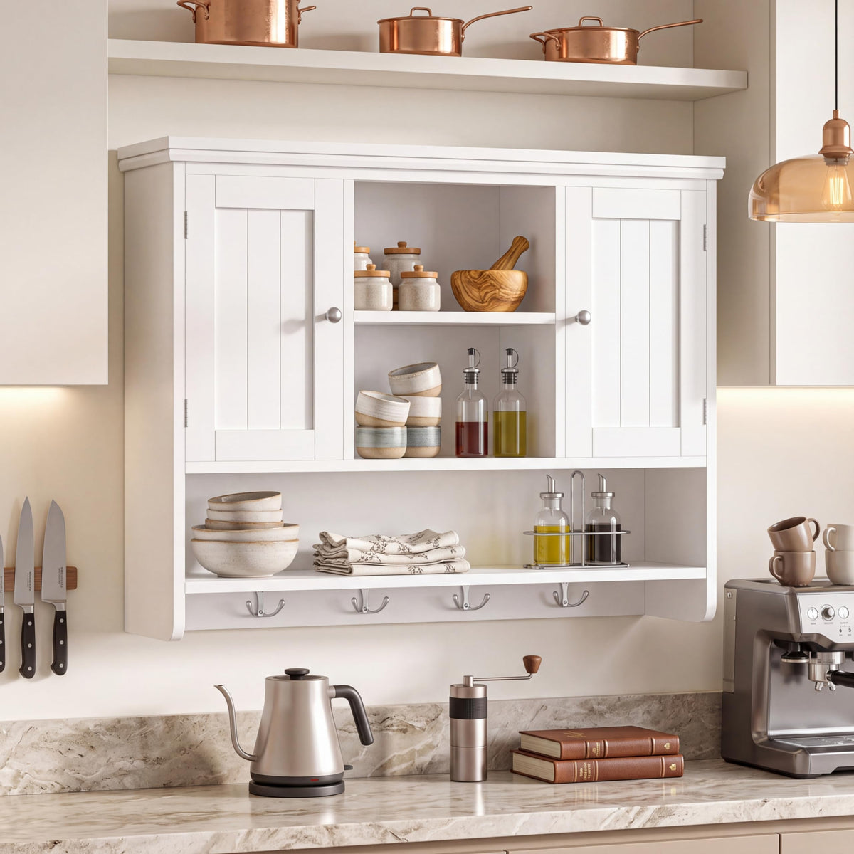 31.5"W 3-Tier Wall Mounted Bathroom Cabinet with Hooks R466407