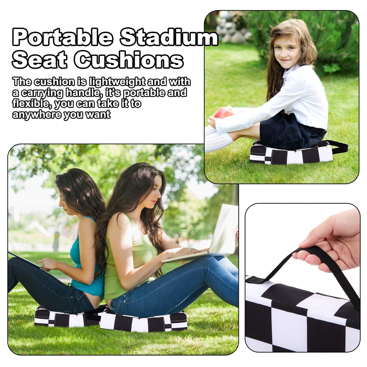 2 Pcs Extra Thick Portable Water-Repellent Stadium Seat Cushions with Handle I647120