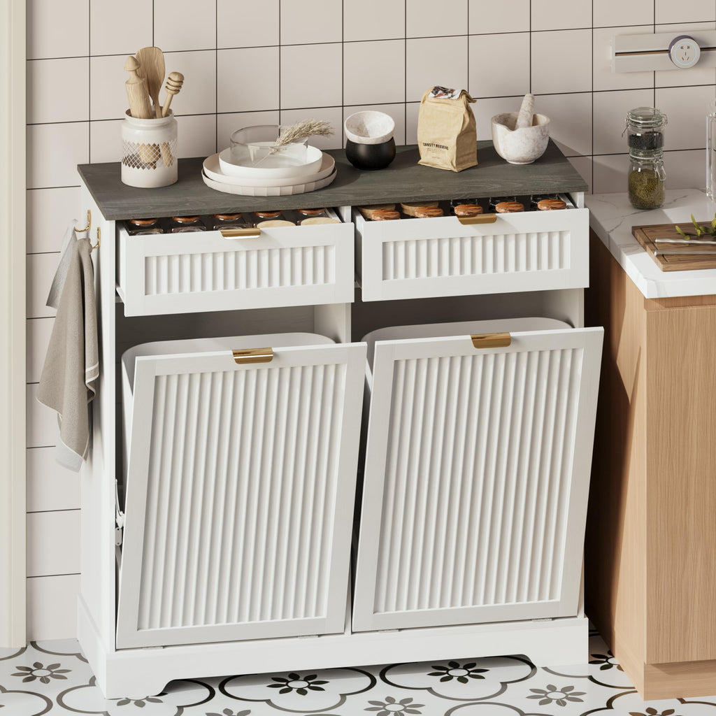 White Double Tilt Out Trash Can Cabinet J121