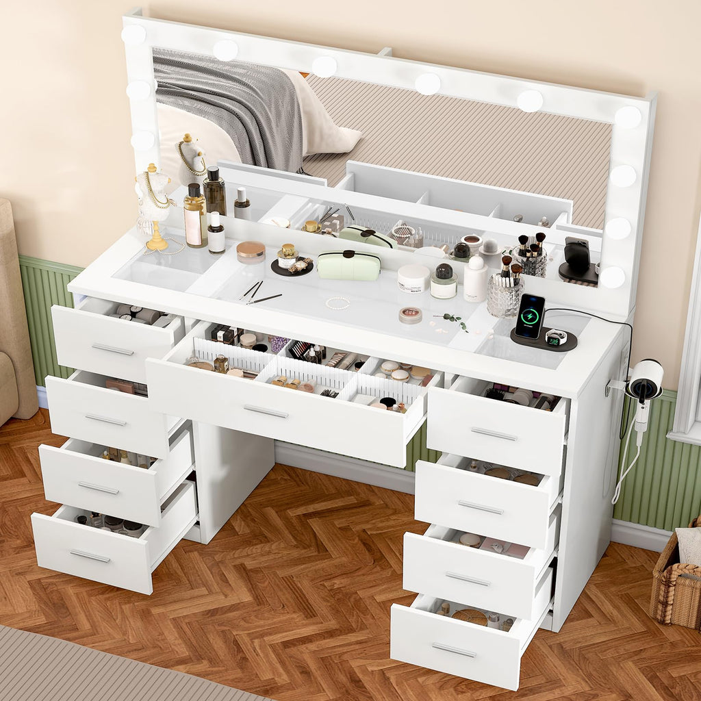 White Vanity Desk with Lighted Mirror and 9 Drawers G742259