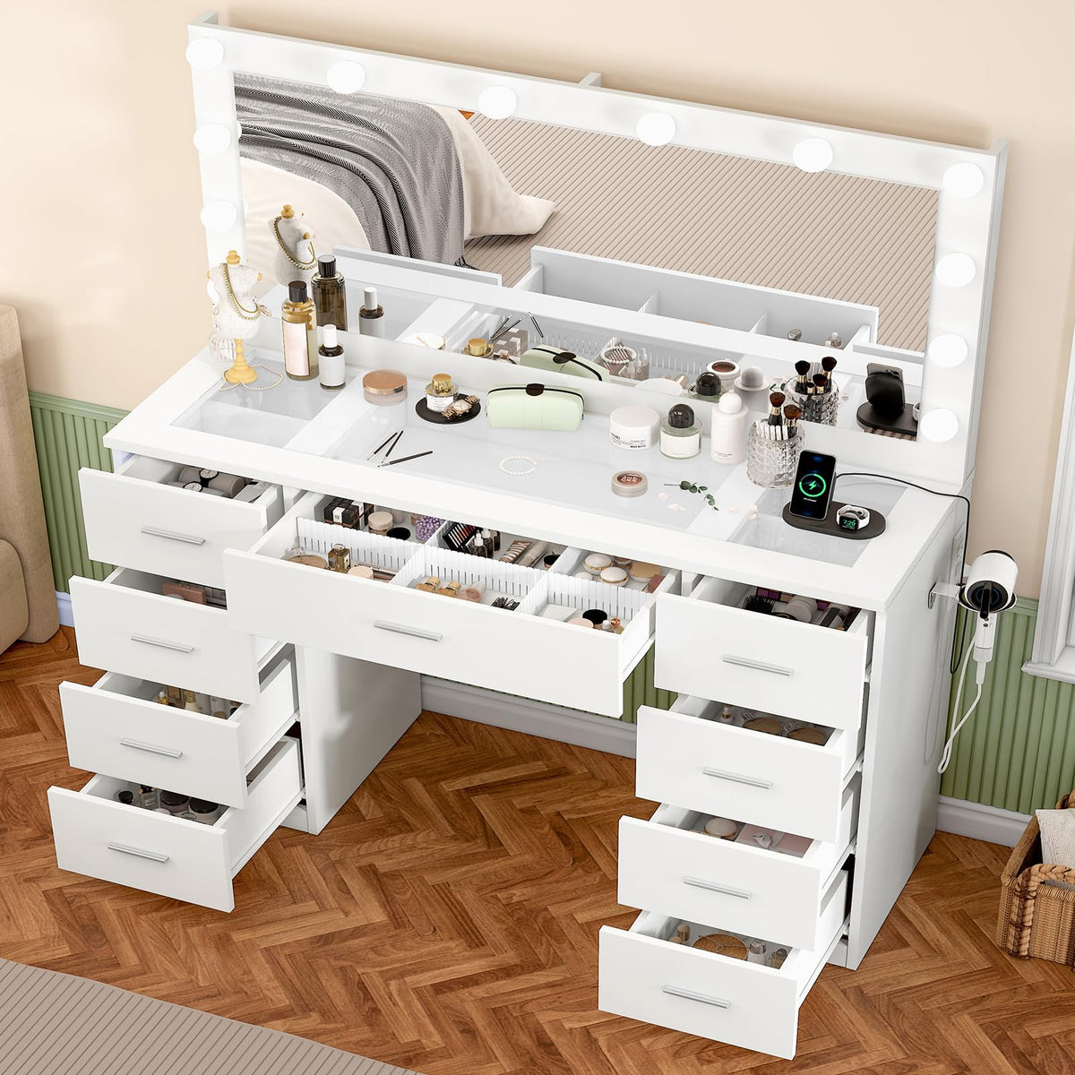 White Vanity Desk with Lighted Mirror and 9 Drawers G742259