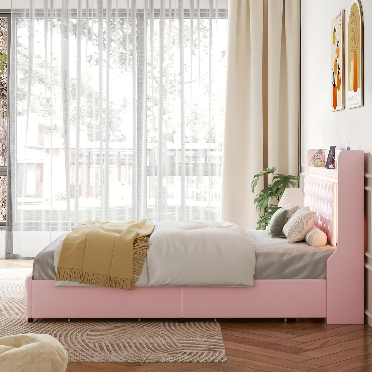 Pink Upholstered Full Size Bed Frame with Storage Headboard and 2 Drawers Y8691