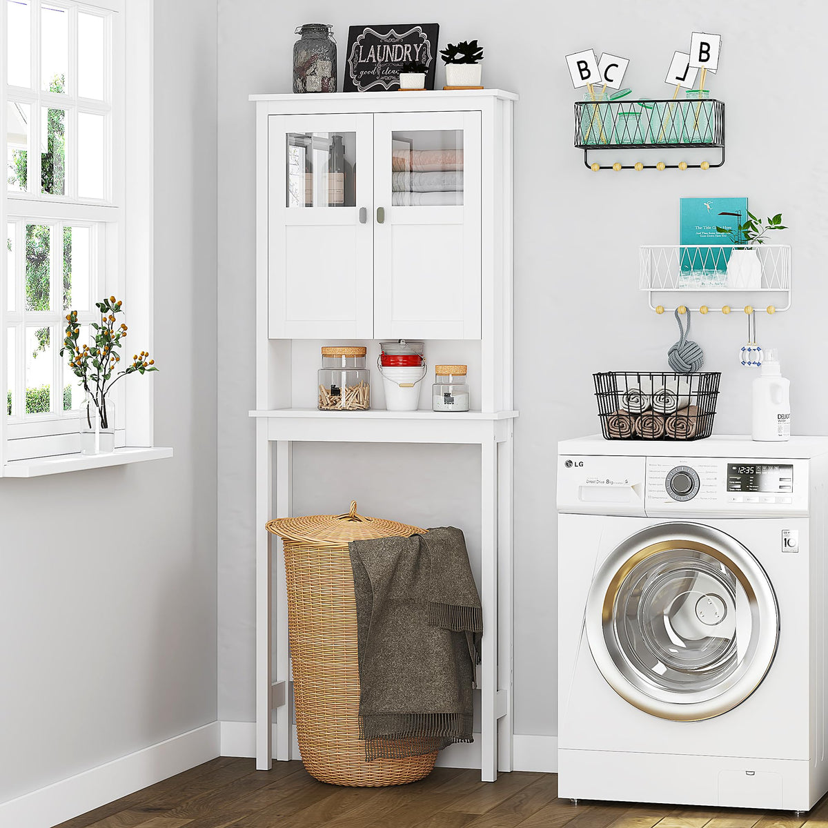 White Over the Toilet Storage Cabinet with Glass Doors W1437