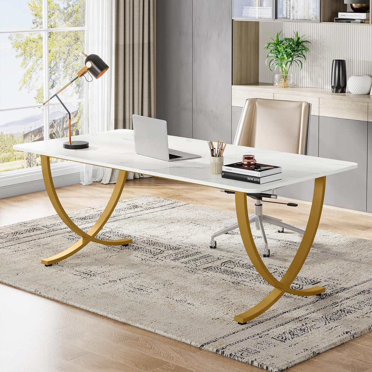 63” Large White and Gold Office Desk R983810