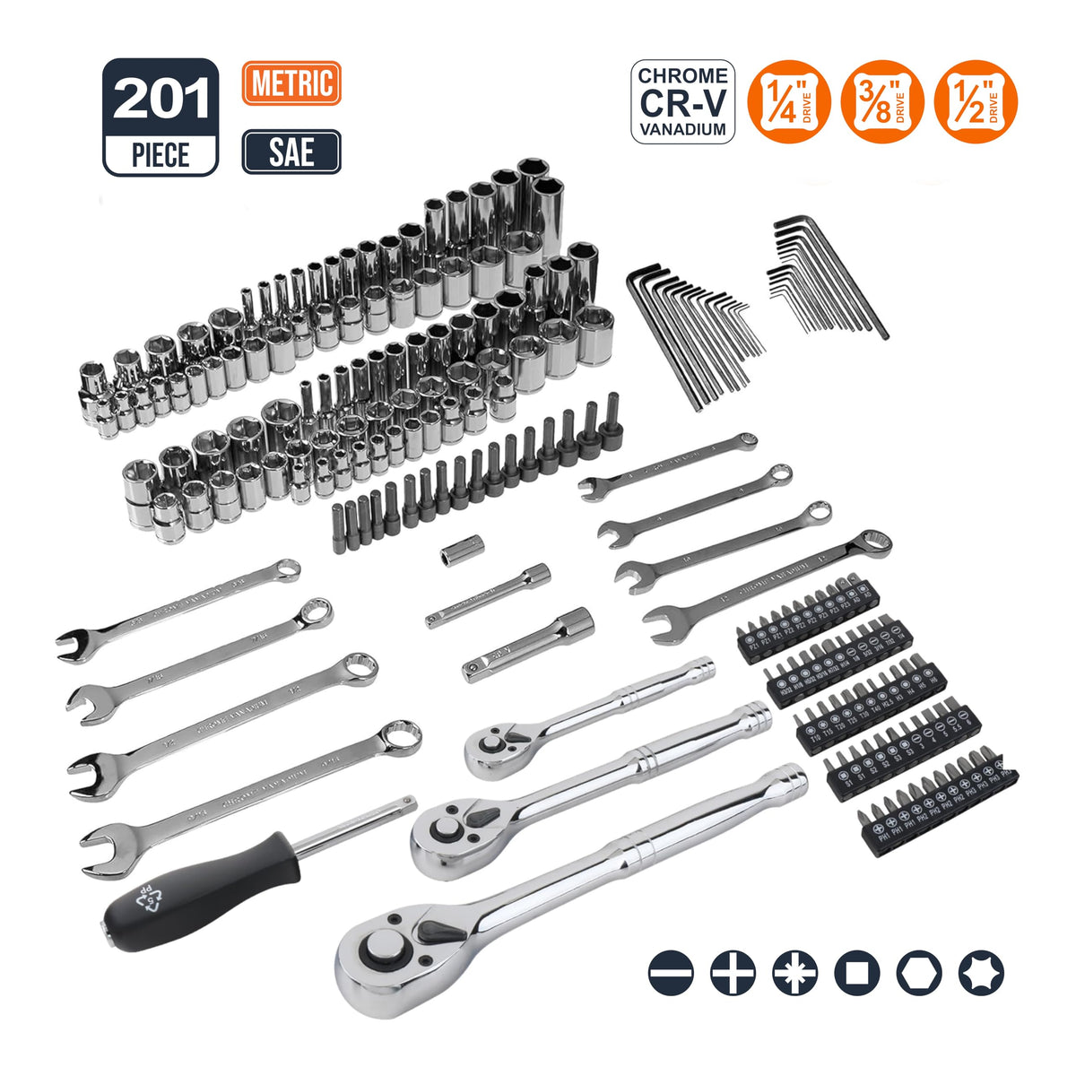 201-Piece Mechanic's Socket Tool Set with Case, SAE and Metric, Chrome-Vanadium Steel Q31027
