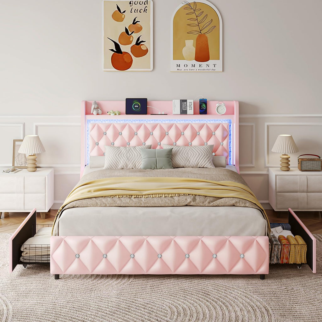 Pink Upholstered Full Size Bed Frame with Storage Headboard and 2 Drawers Y8691