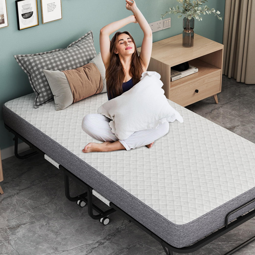 Folding Bed with 5" Memory Foam Mattress Twin Size Metal Frame O703650
