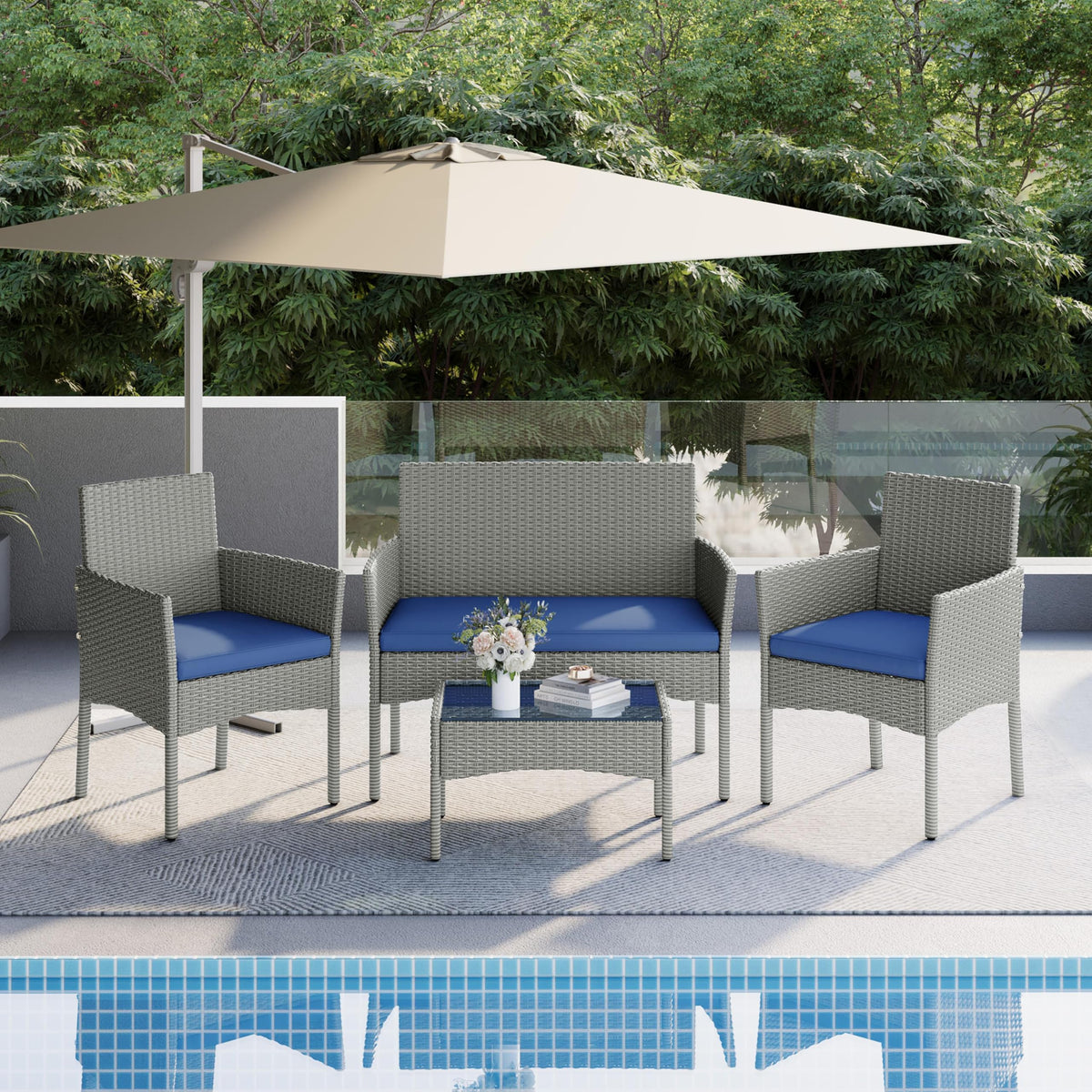 4 Pieces Rattan Wicker Patio Furniture Set with Cushion and Glass Table T45568