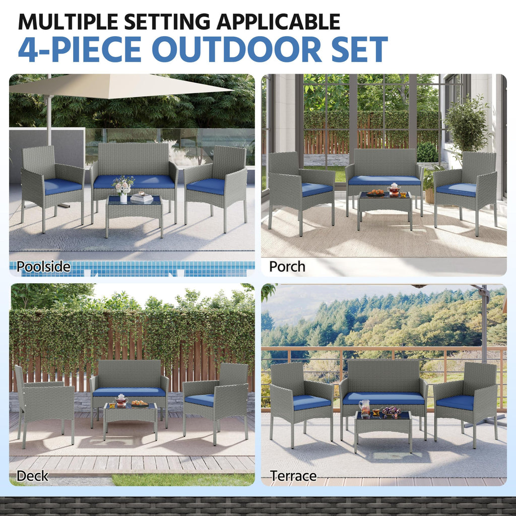 4 Pieces Rattan Wicker Patio Furniture Set with Cushion and Glass Table T45568