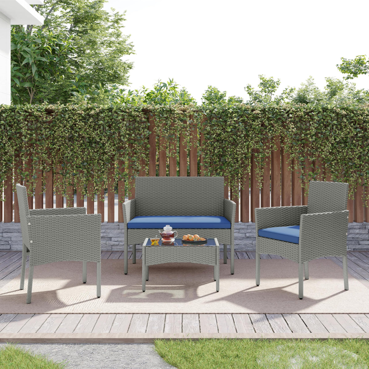 4 Pieces Rattan Wicker Patio Furniture Set with Cushion and Glass Table T45568