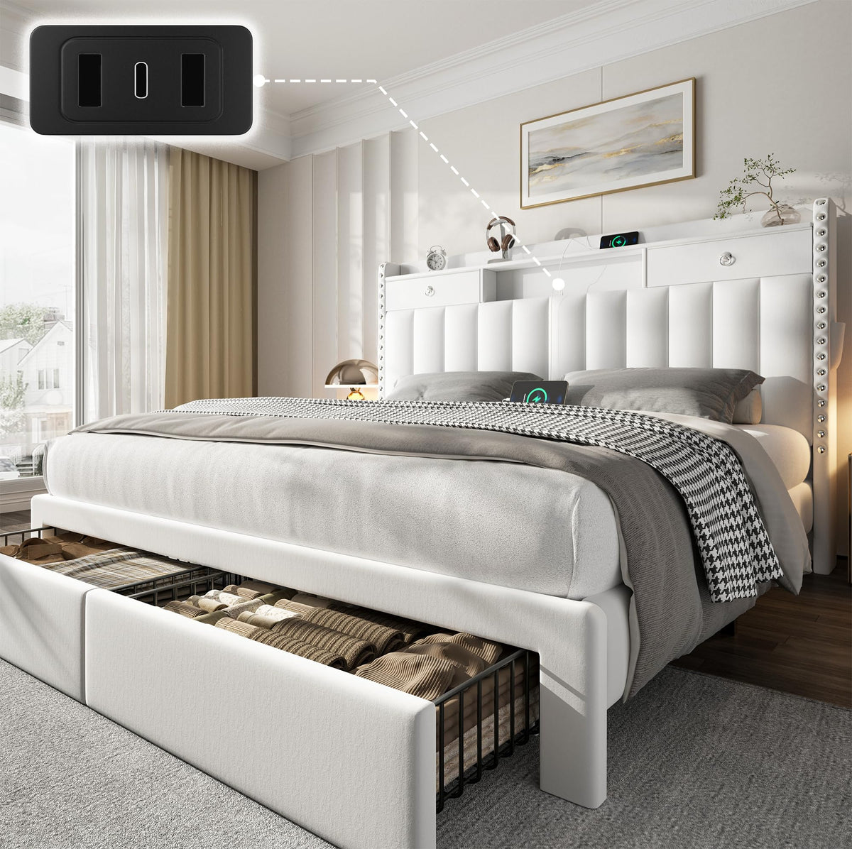 Queen Bed Frame with Storage Headboard and 4 Drawers M6024