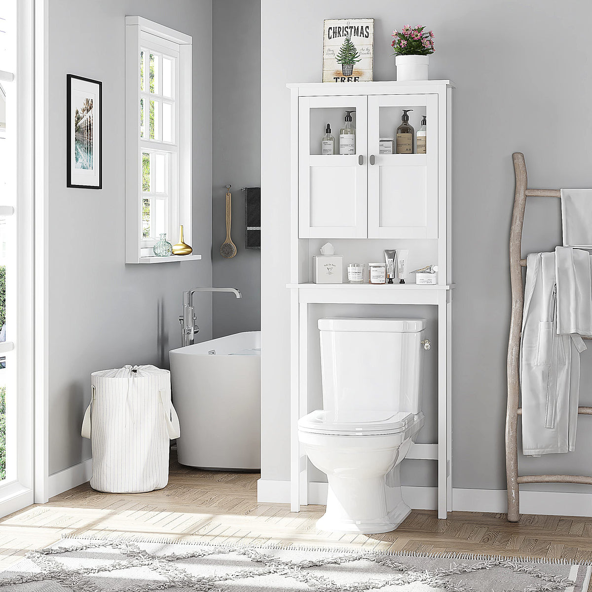 White Over the Toilet Storage Cabinet with Glass Doors W1437
