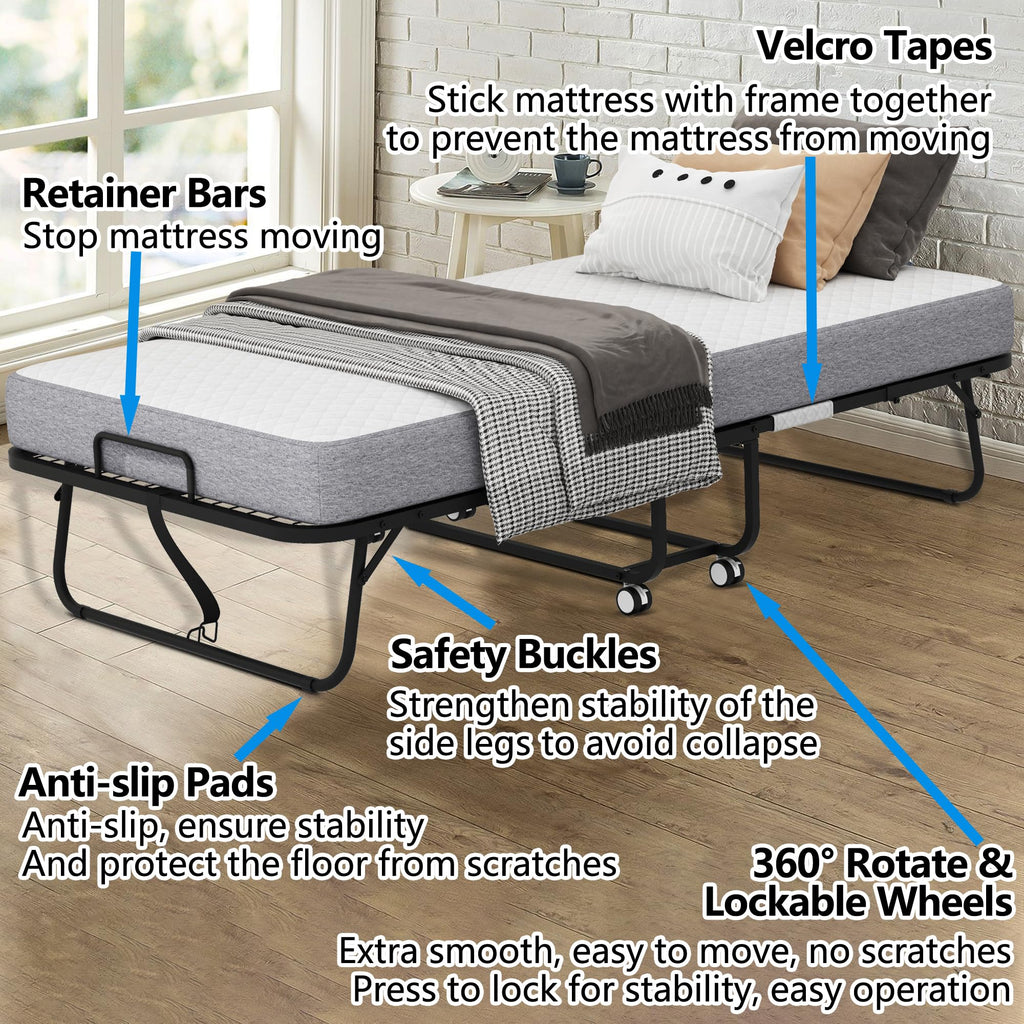 Folding Bed with 5" Memory Foam Mattress Twin Size Metal Frame O703650